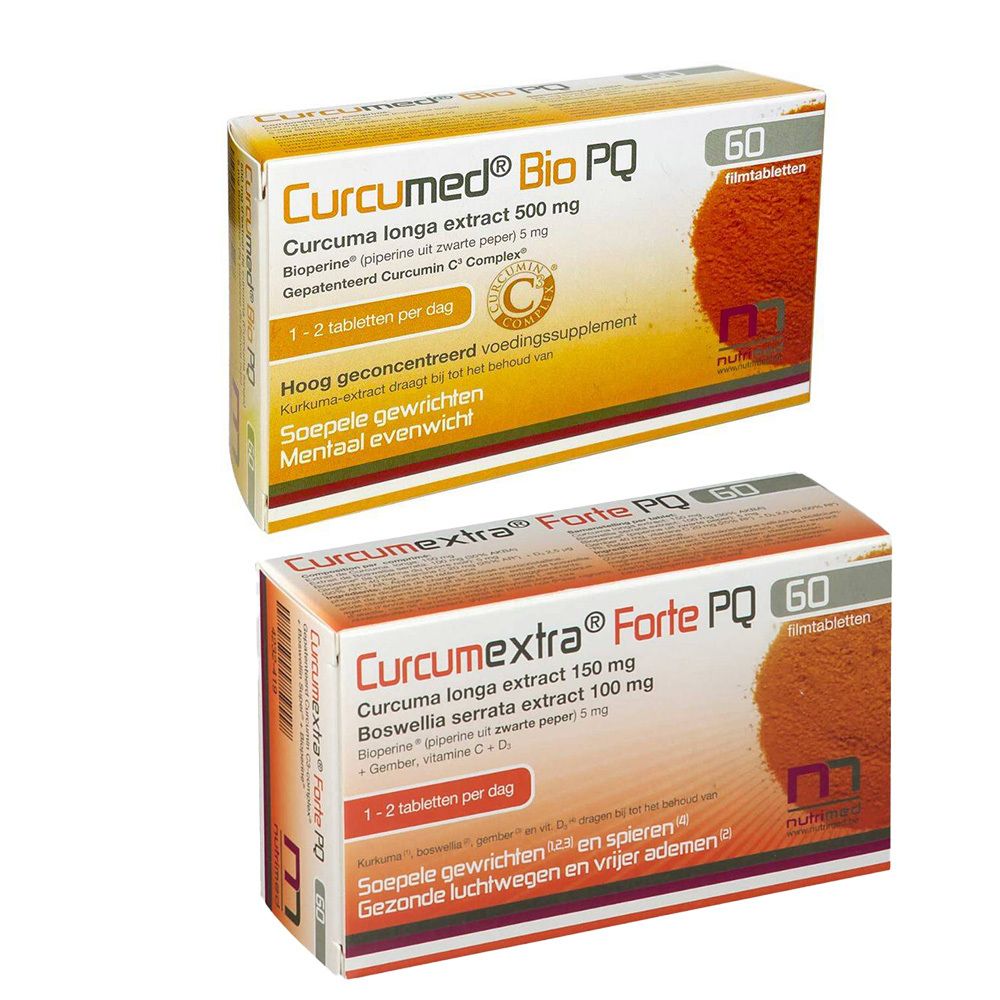 Twee dozen Curcumed Bio PQ en Curcumextra Forte PQ. Beide tonen productnamen en informatie.
