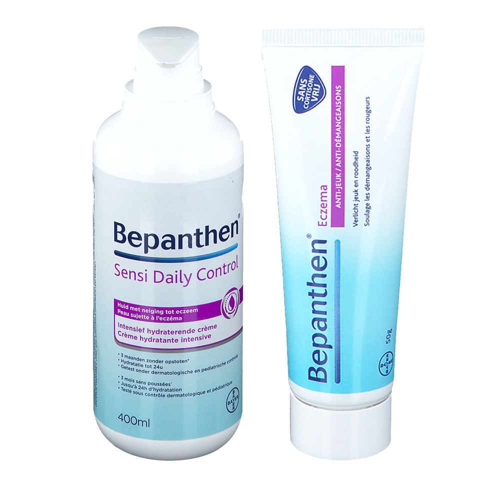 Twee Bepanthen producten. Links witte fles met Sensi Daily Control, 400ml. Rechts tube met Eczema, 50g. Zonder cortisonen.