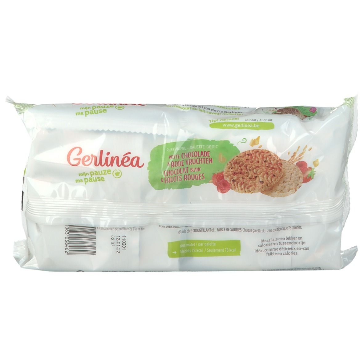 Dos de l'emballage Gerlinéa, galettes de riz chocolat blanc et fruits rouges. Code-barres et texte.