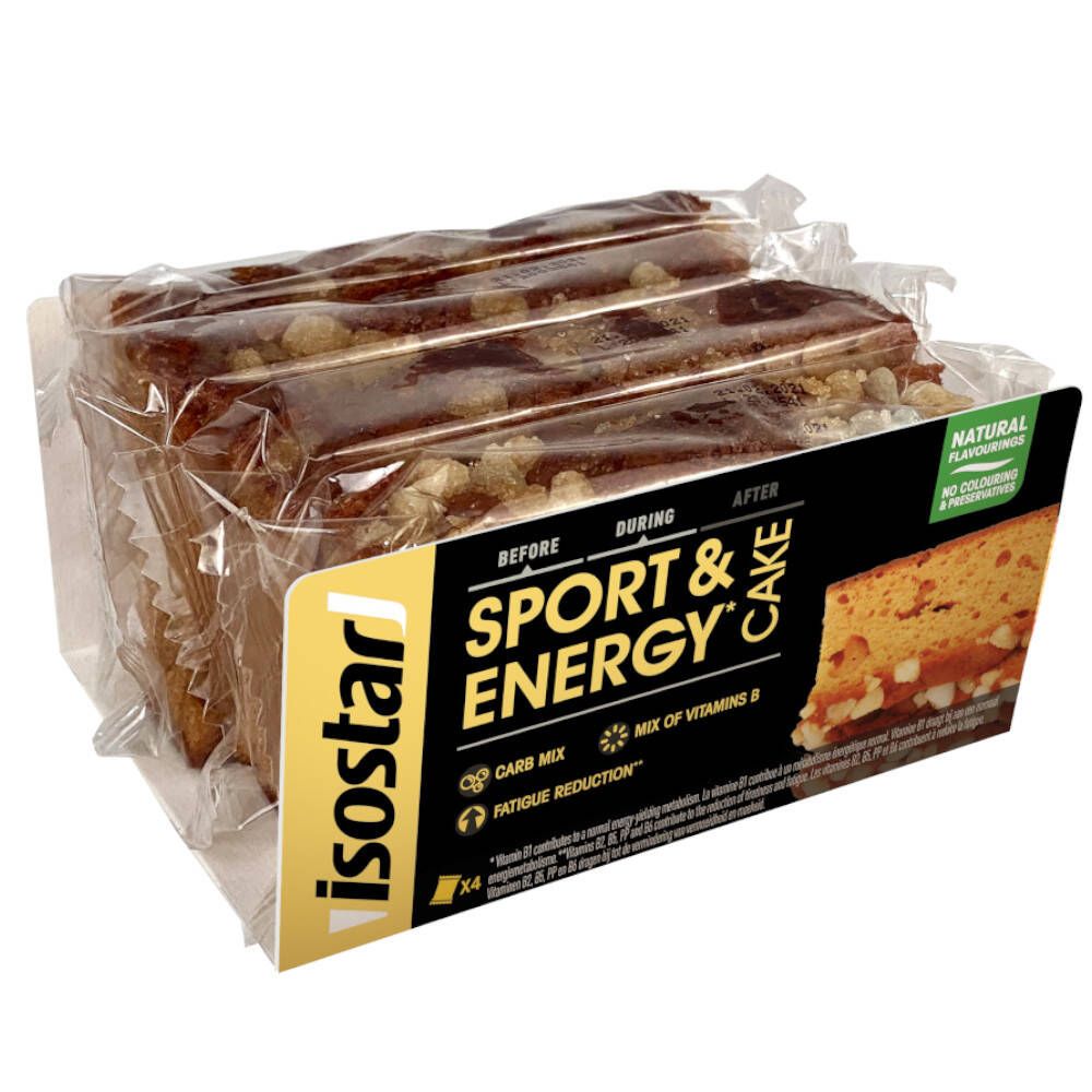Verpakking met isostar® SPORT & ENERGY Cake. Opschrift: Carb Mix, mix van vitamine B, vermindering van vermoeidheid. Natuurlijke aroma's.