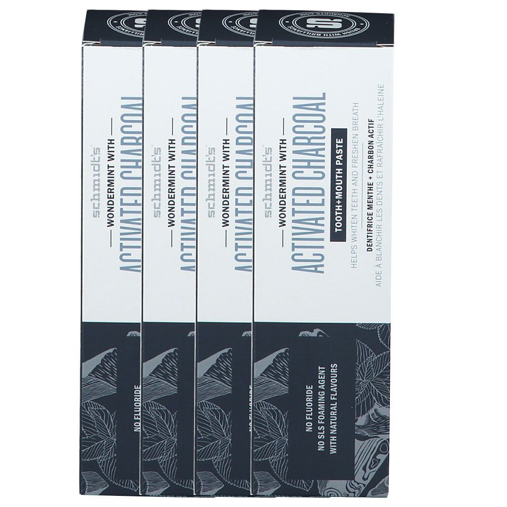 Emballages de dentifrice, quatre unités. Inscription: Charbon actif, Wondermint, aide à blanchir les dents et rafraîchir l'haleine.