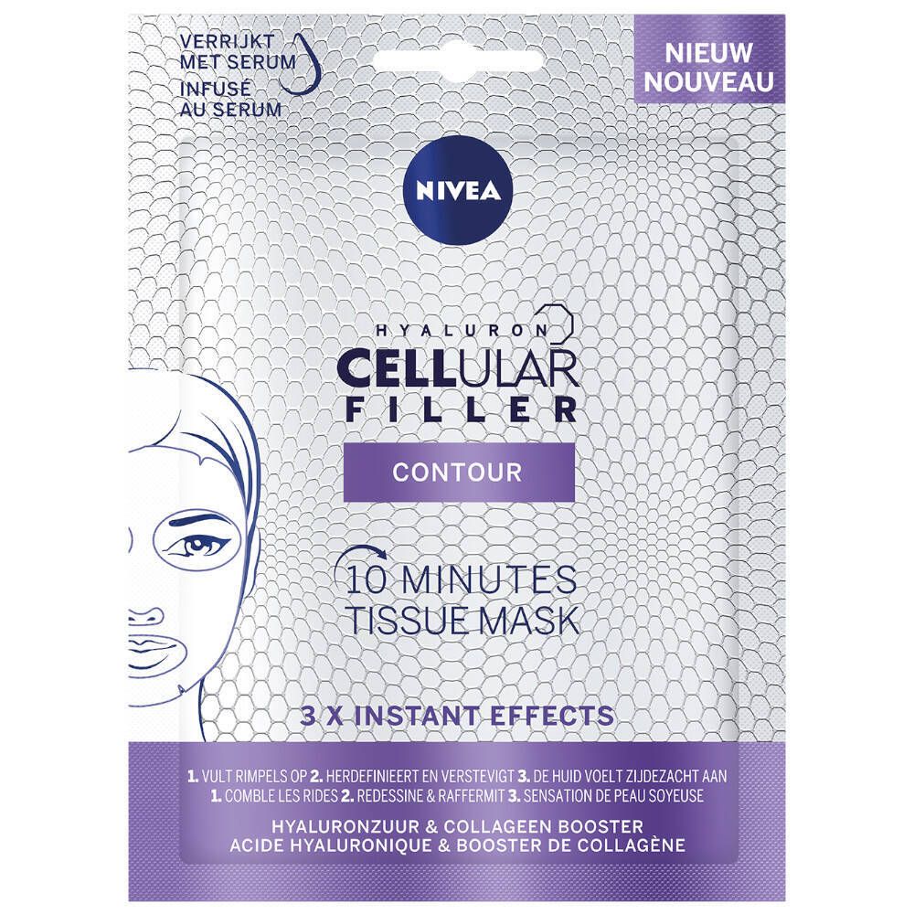 Verpakking van NIVEA CELLular Filler Contour Tuchmaske. Naam en logo zichtbaar. Tekst: "10 Minutes Tissue Mask".