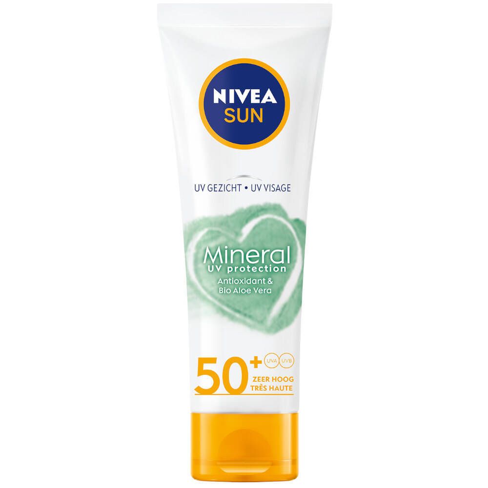 Witte tube met NIVEA SUN logo, Mineral UV protection, SPF 50+. Groen hart. Gele dop.