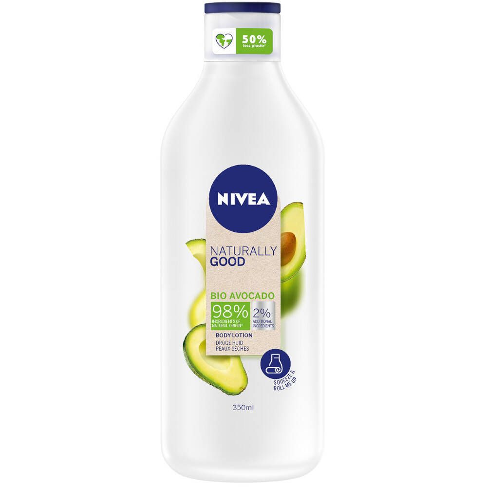 Bouteille blanche avec bouchon bleu. Étiquette NIVEA Naturally Good, illustrations d'avocat et 98% d'origine naturelle.
