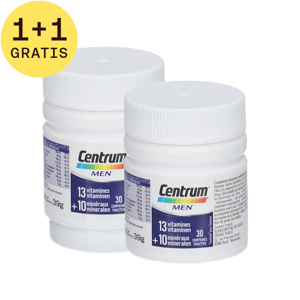 Twee witte flessen met "Centrum Men" labels. Opschrift: 13 vitaminen + 10 mineralen. Sticker "1+1 GRATIS".