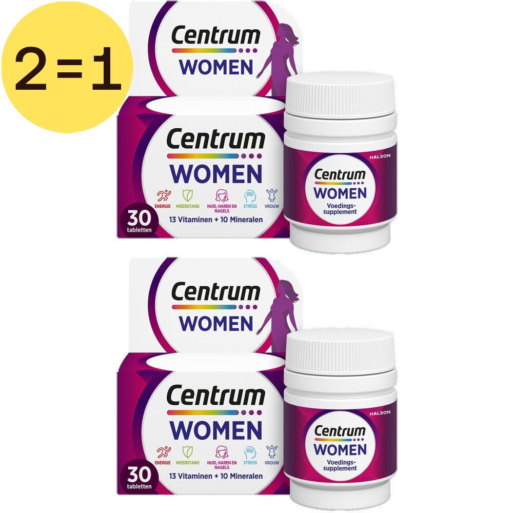 Twee flessen Centrum® Women met label. Opschrift: 13 vitaminen + 10 mineralen. 1+1 gratis.