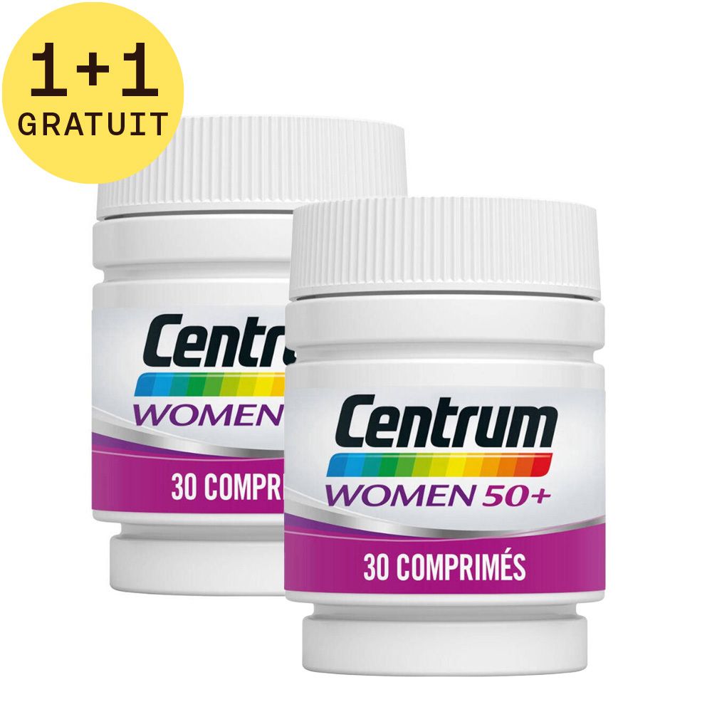 Deux flacons de Centrum Women 50+ avec texte et autocollant 1+1 gratuit.