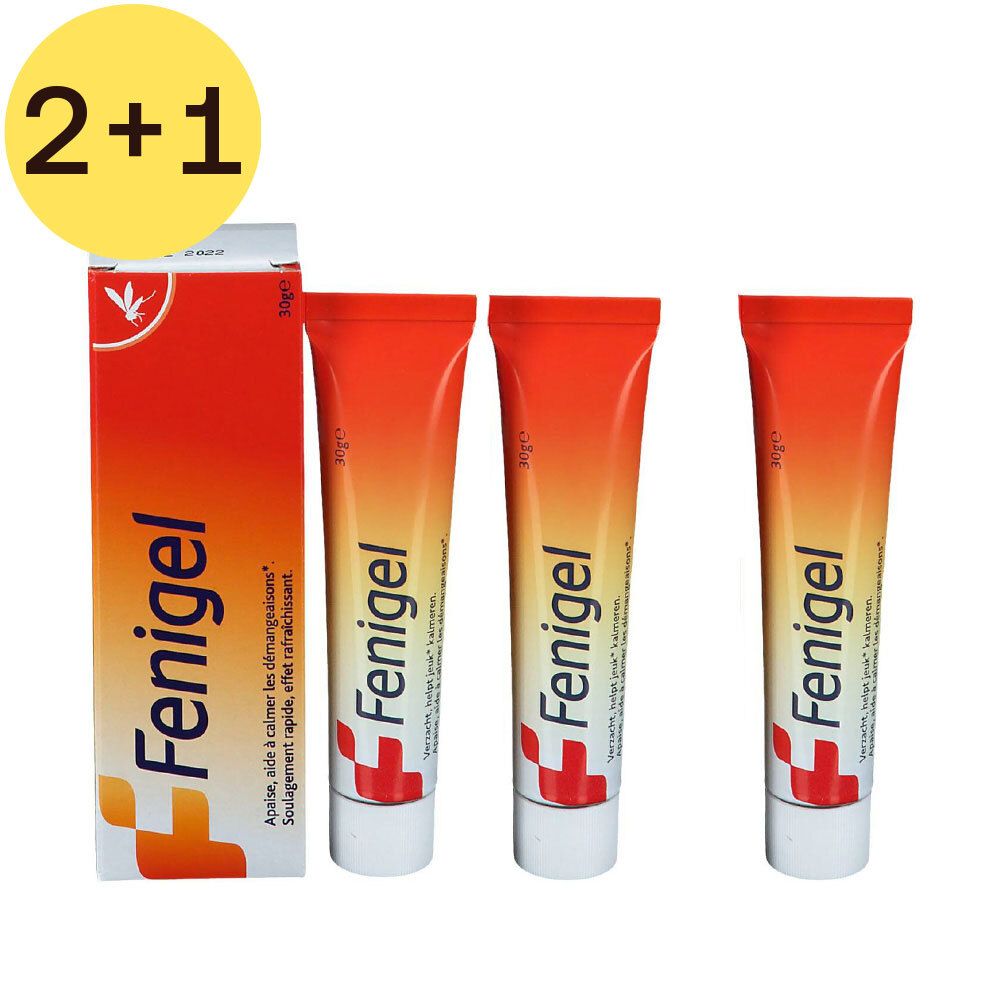 Drie tubes en een doosje Fenigel. Oranje-witte tubes met rode tekst. "Fenigel" staat op de doos.