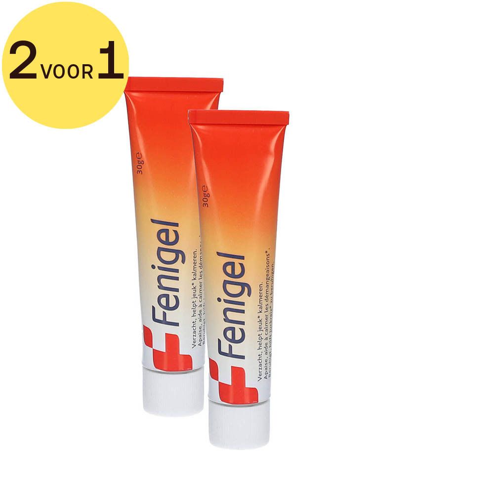 Twee tubes Fenigel. Oranje-witte tubes met rode tekst. "Fenigel" staat op elke tube.