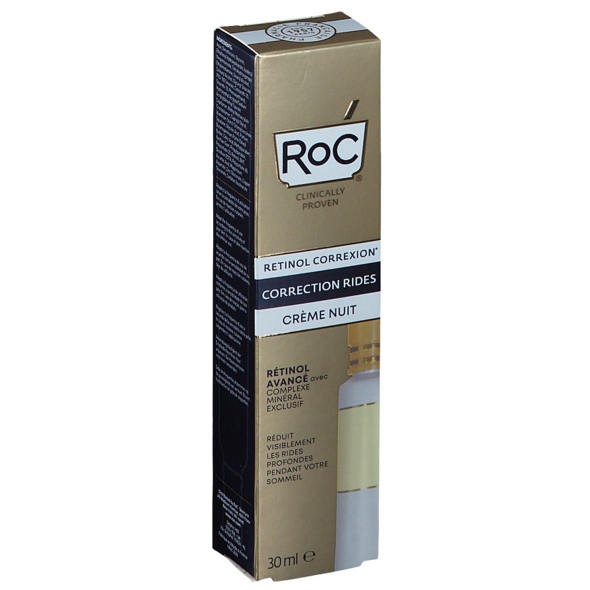 Boîte de nuit anti-rides dorée. Marque RoC, Clinically Proven. Texte: RETINOL CORREXION, CRÈME NUIT. 30ml.