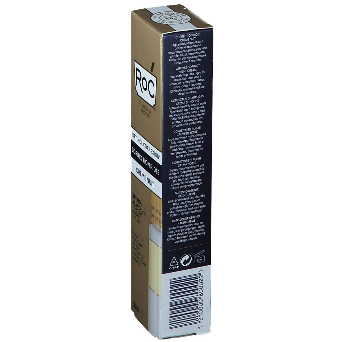 Dos de la boîte de nuit anti-rides. Marque RoC. Texte: RETINOL CORREXION, CRÈME NUIT. Ingrédients, instructions d'utilisation, code-barres.