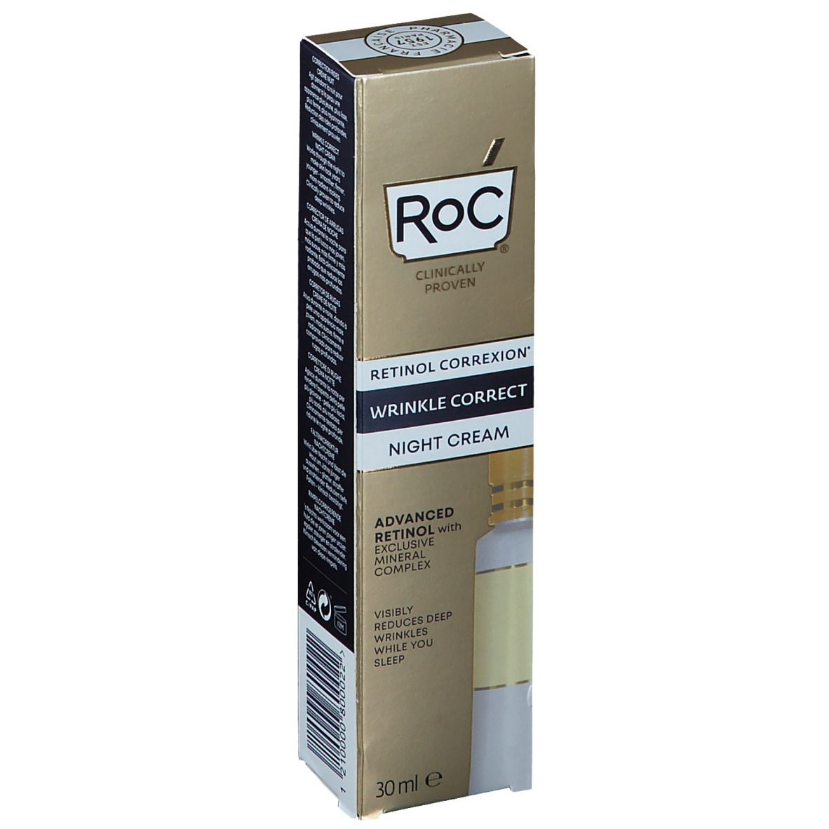Boîte de nuit anti-rides dorée. Marque RoC, Clinically Proven. Texte: RETINOL CORREXION, NIGHT CREAM. 30ml.