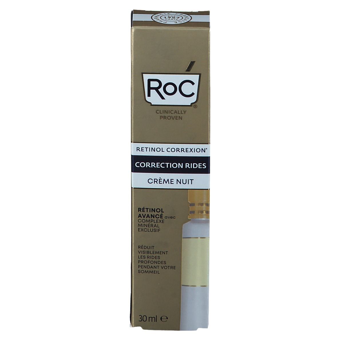 Boîte de nuit anti-rides dorée. Marque RoC, Clinically Proven. Texte: RETINOL CORREXION, CRÈME NUIT. 30ml.