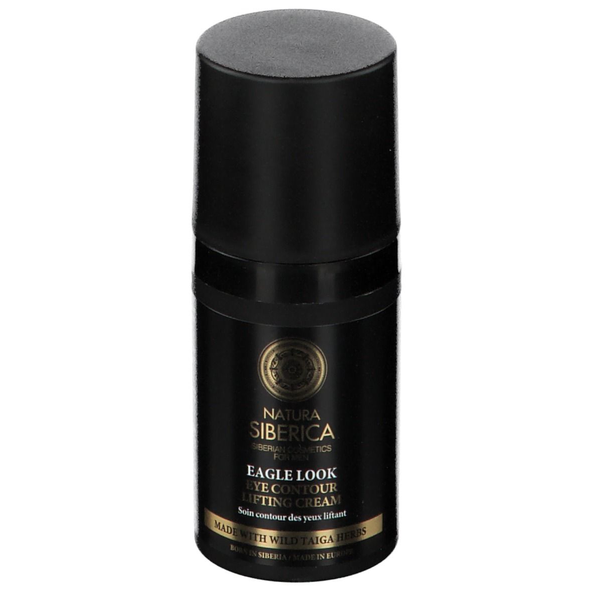 Zwarte oogcrèmetube met dop. Opschrift: Natura Siberica, Eagle Look Eye Contour Lifting Cream.