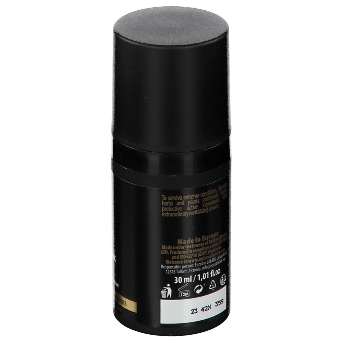 Zwarte tube met tekst. Opschrift: 30 ml/1,01 fl.oz. en andere informatie.