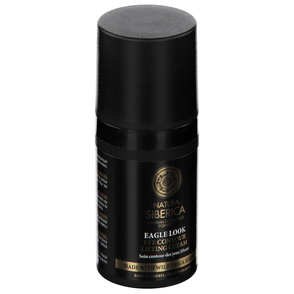 Zwarte oogcrèmetube met dop. Opschrift: Natura Siberica, Eagle Look Eye Contour Lifting Cream.