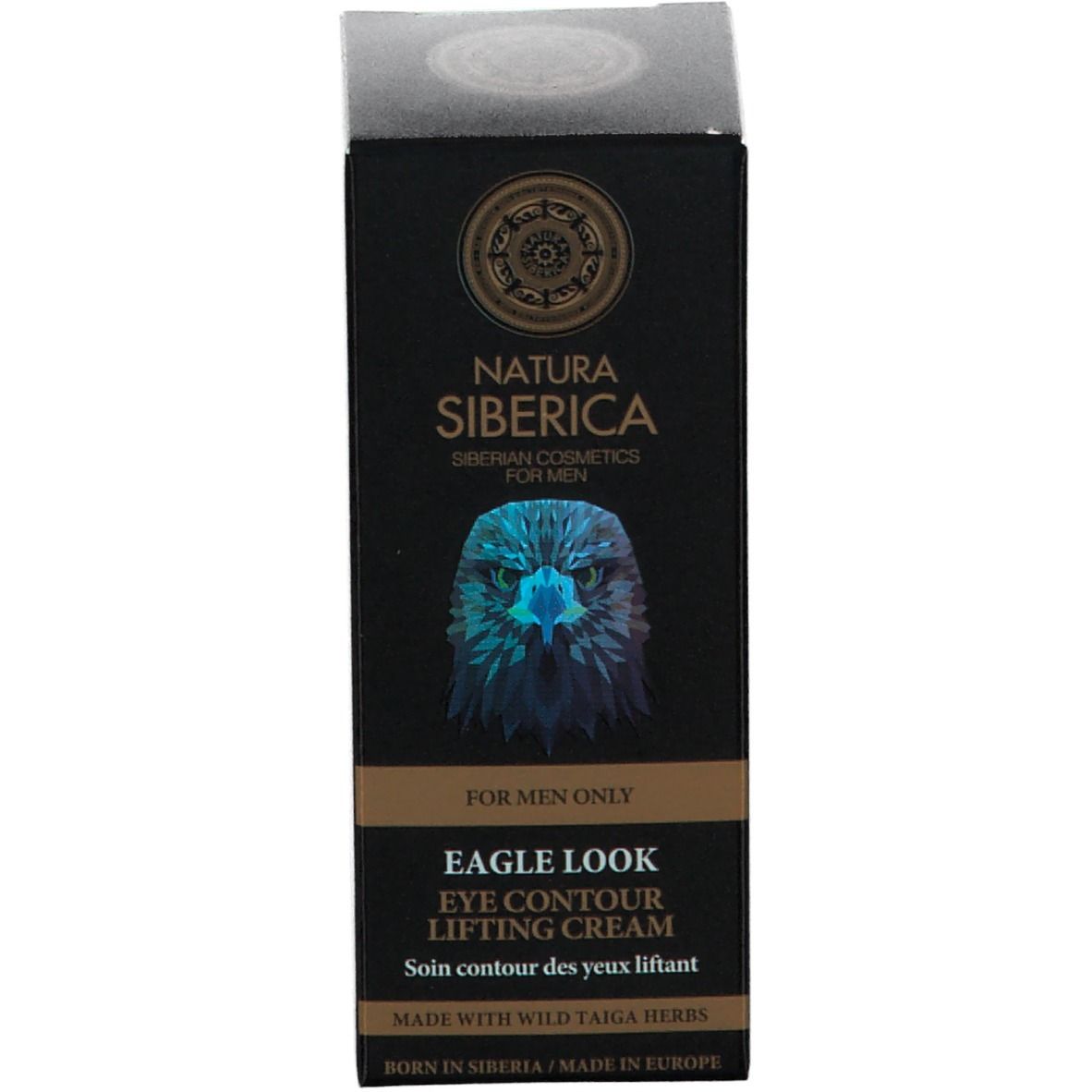 Zwarte doos. Opschrift: Natura Siberica, Eagle Look Eye Contour Lifting Cream. Voor mannen. Adelaar illustratie.