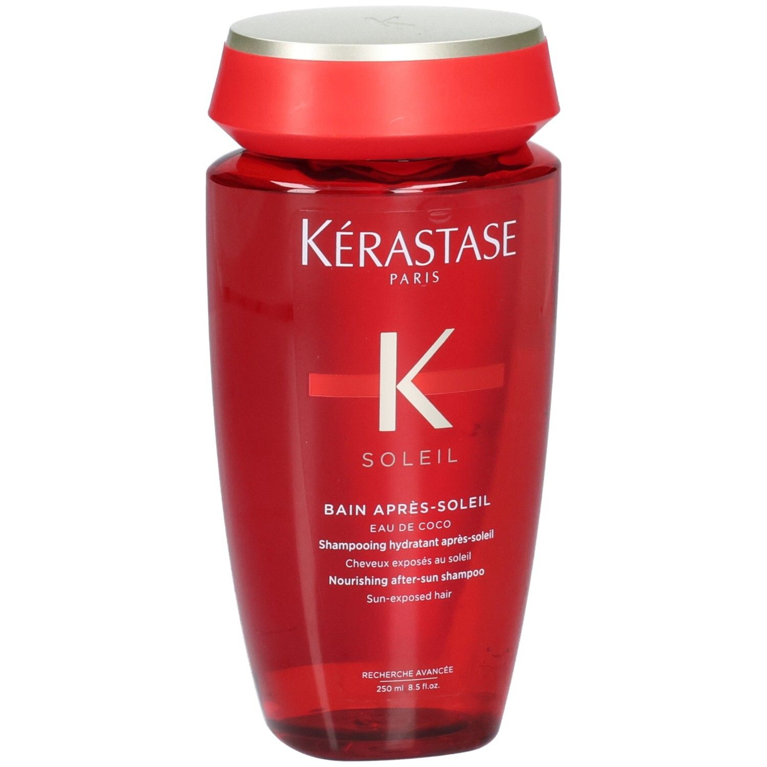 Rote Kérastase Flasche mit silbernem Deckel. K Soleil Bain Après-Soleil Nourishing After-Sun Shampoo.
