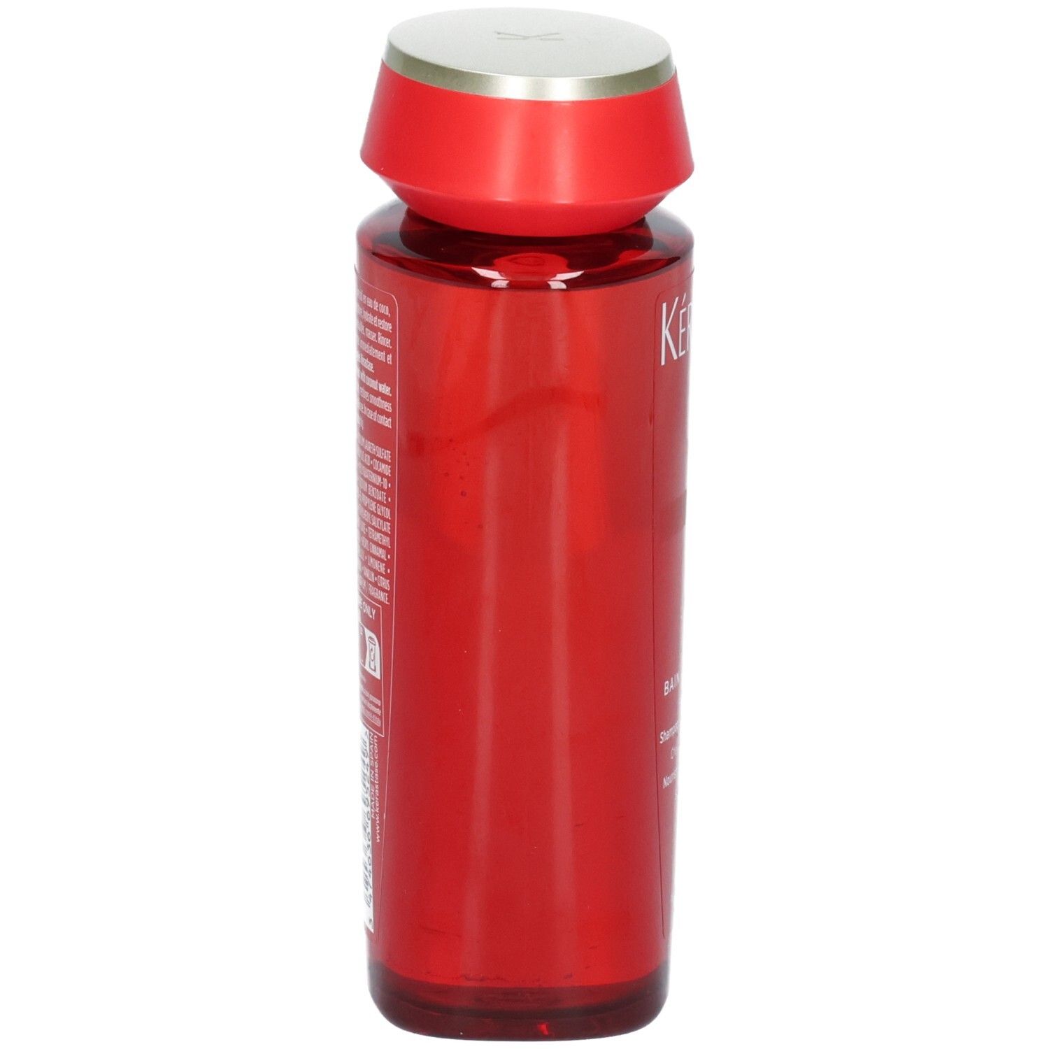 Rote Kérastase Flasche mit silbernem Deckel, Seitenansicht. K Soleil Bain Après-Soleil Shampoo.