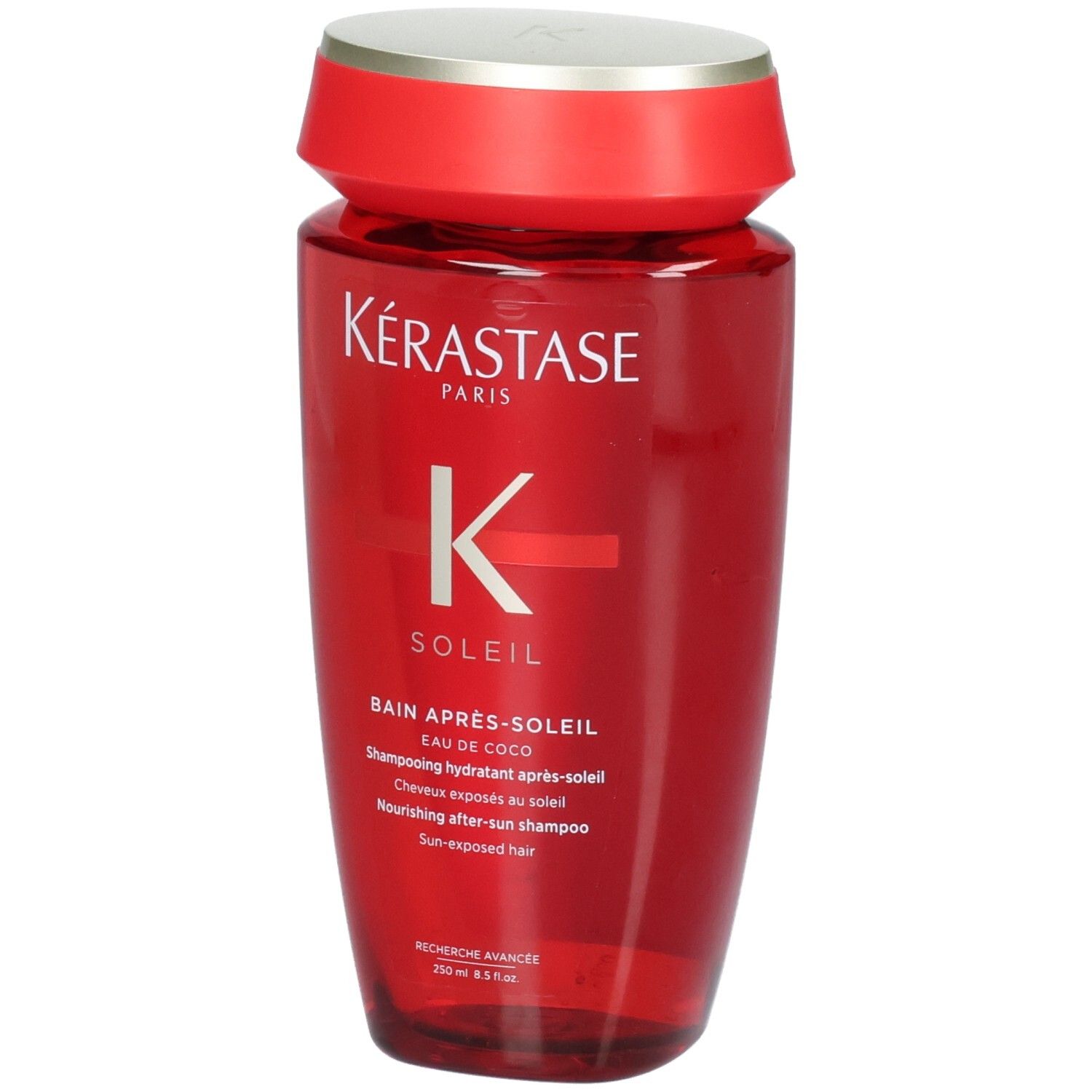 Rote Kérastase Flasche mit silbernem Deckel. K Soleil Bain Après-Soleil Nourishing After-Sun Shampoo.
