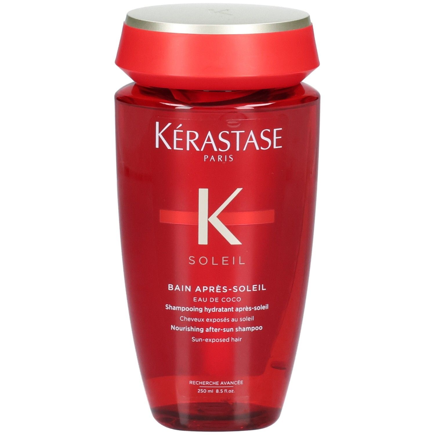 Rote Kérastase Flasche mit silbernem Deckel. K Soleil Bain Après-Soleil Nourishing After-Sun Shampoo.