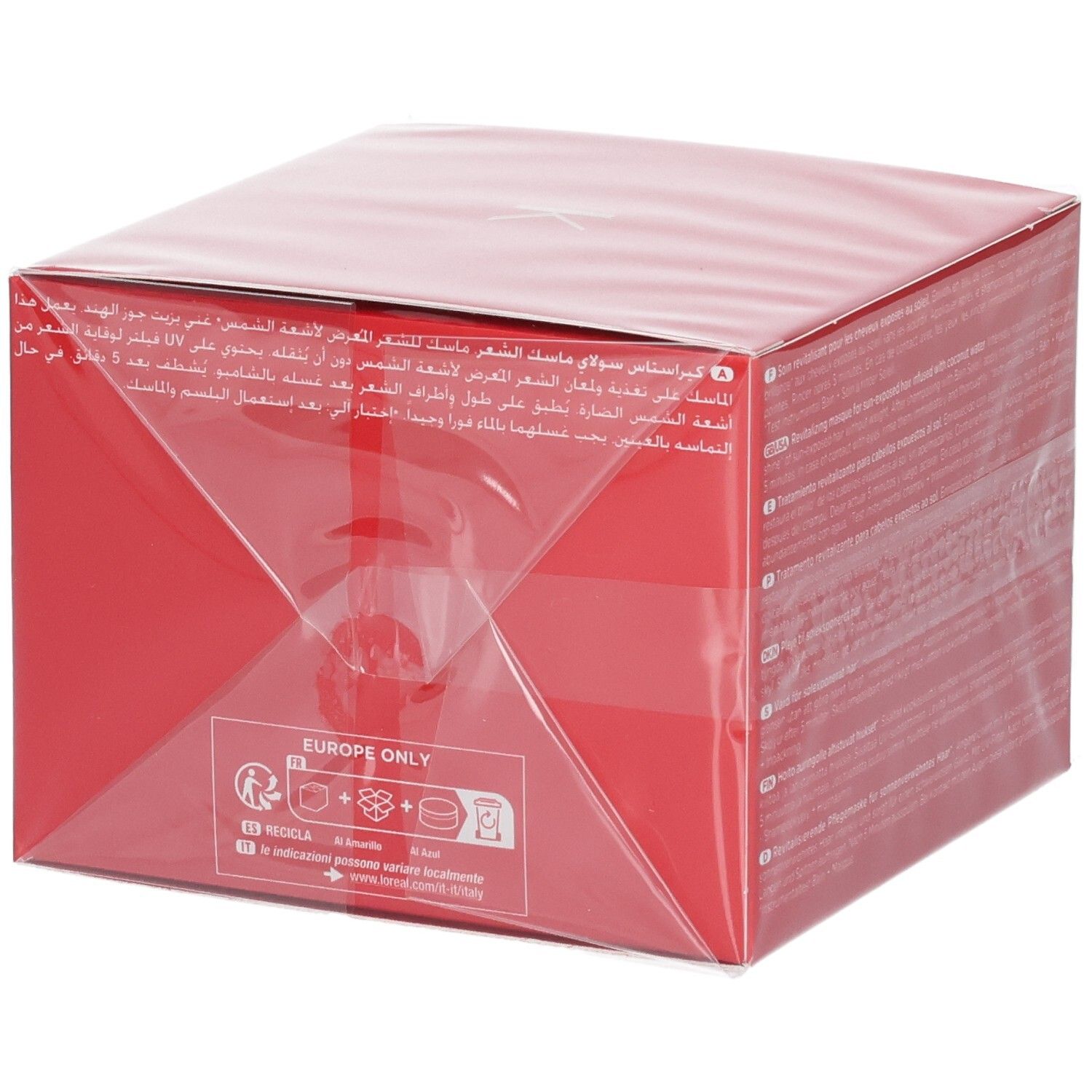 Rückseite der roten Kérastase Soleil Après-Soleil Verpackung mit Symbolen für Anwendung und Entsorgung.