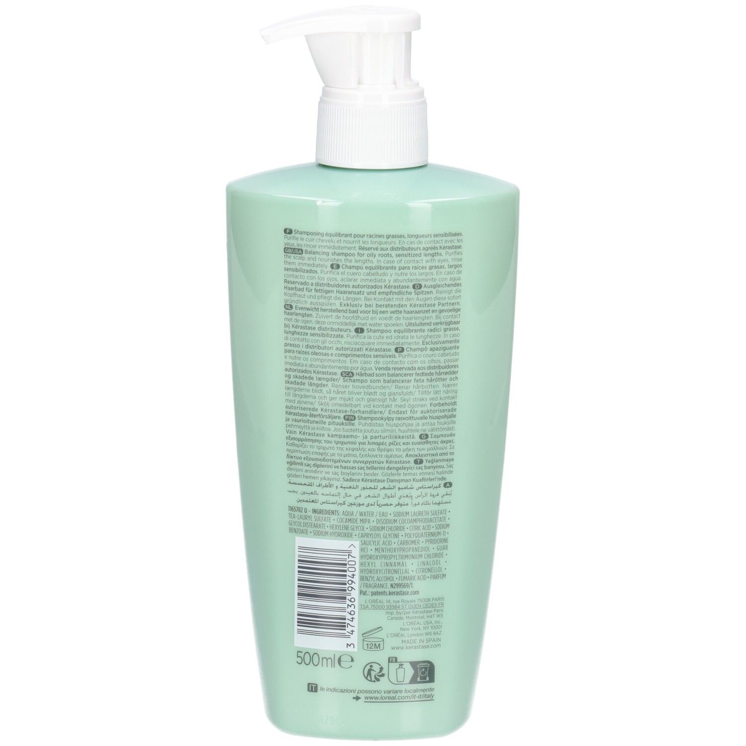 Grüne Pumpflasche mit Etikett und Barcode. 500ml.
