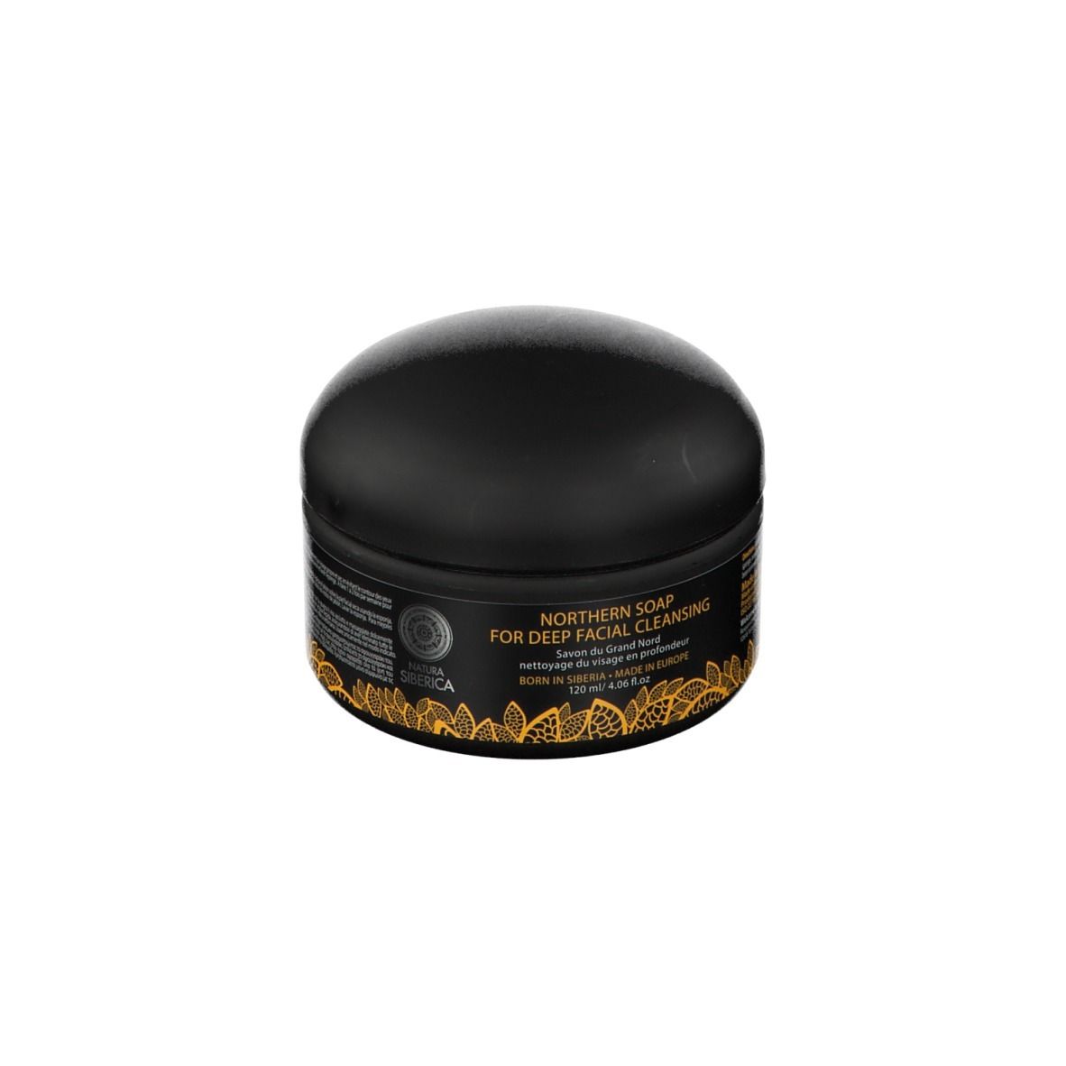 Pot noir avec étiquette dorée. Inscription: Northern Soap for Deep Facial Cleansing. Marque Natura Siberica.