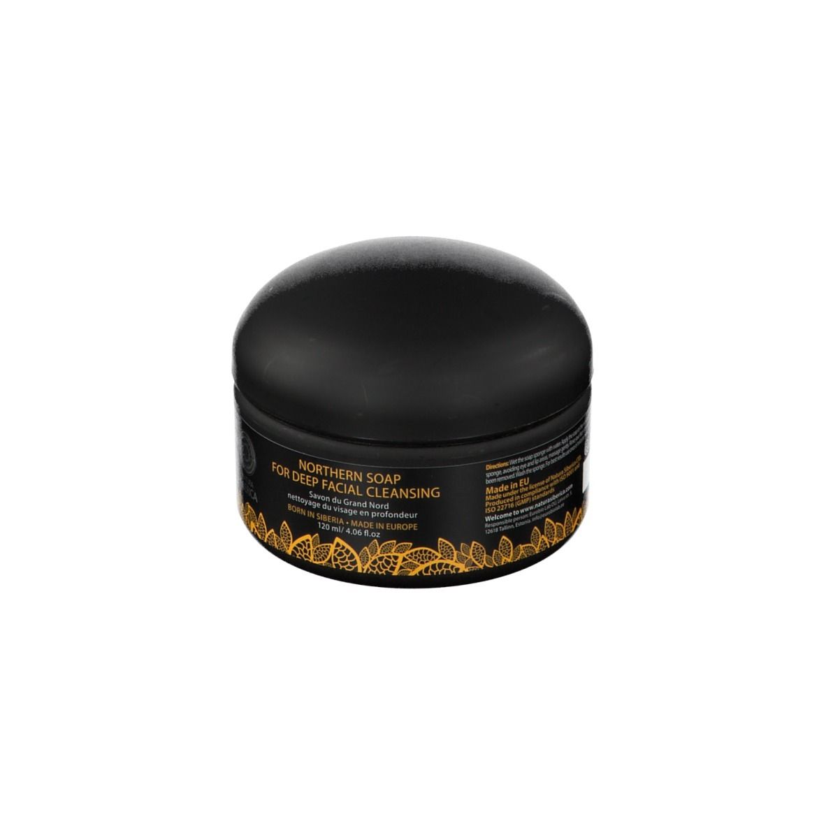 Pot noir avec étiquette dorée. Inscription: Northern Soap for Deep Facial Cleansing. Marque Natura Siberica.