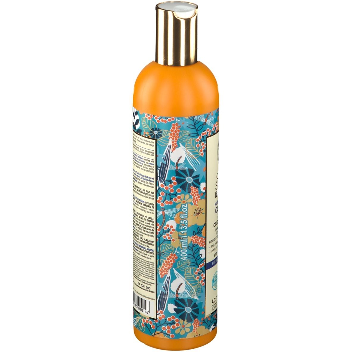 Rückseite der orangefarbenen Flasche. Text in mehreren Sprachen. Floralmuster. Volumenangabe.