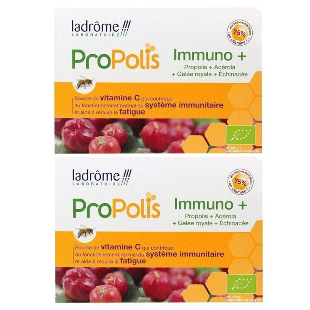 Twee verpakkingen met productopdruk. Opschrift: Propolis Immuno +.