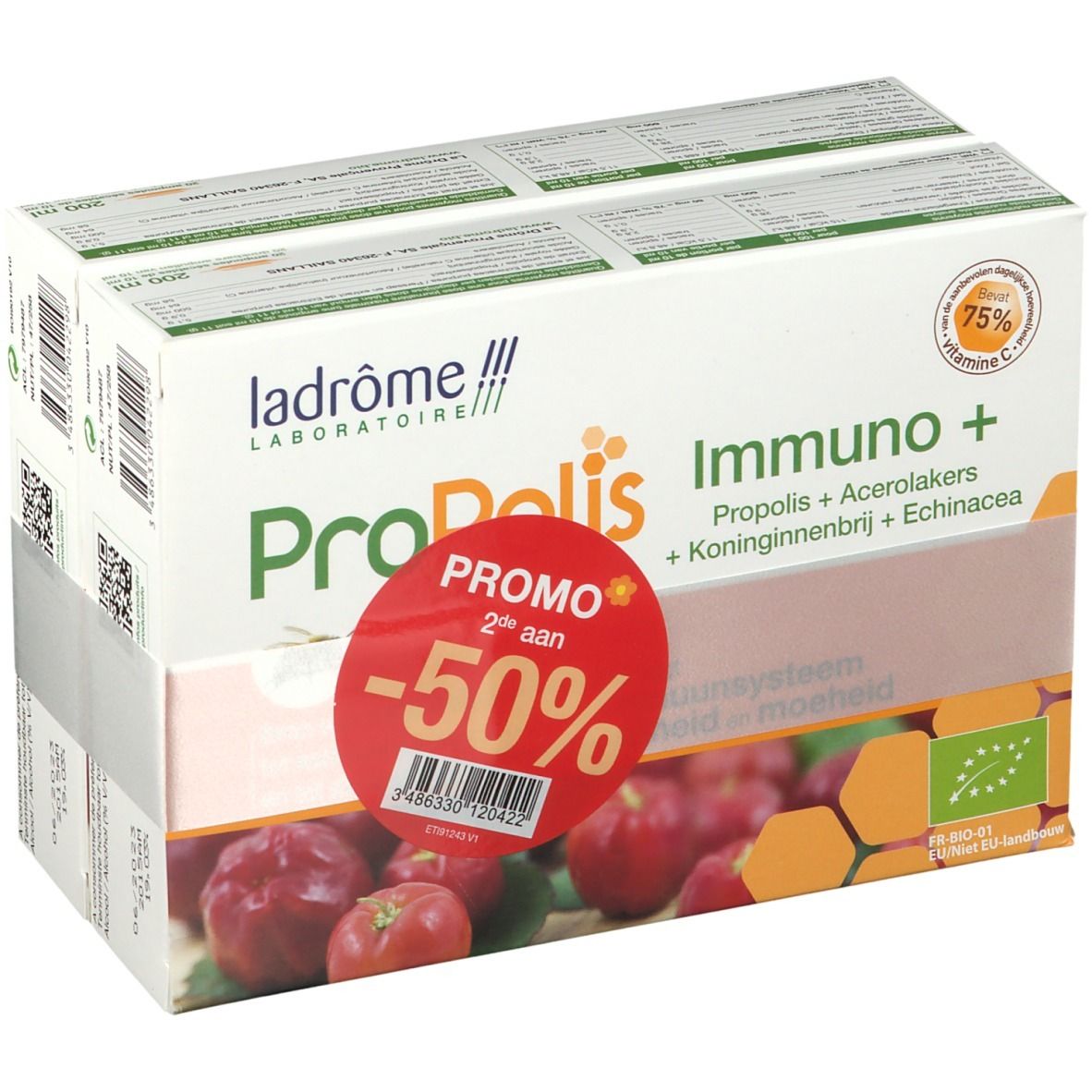 Productverpakking met opdruk. Opschrift: Propolis Immuno +. Promo sticker -50%.