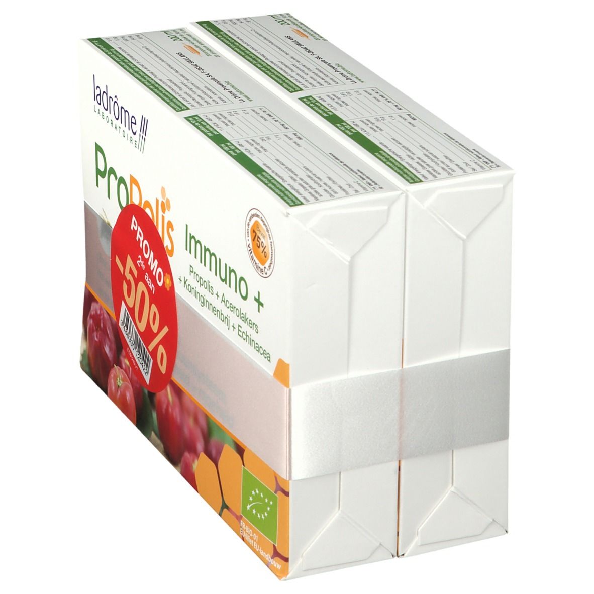 Productverpakking met opdruk. Opschrift: Propolis Immuno +. Promo sticker -50%.