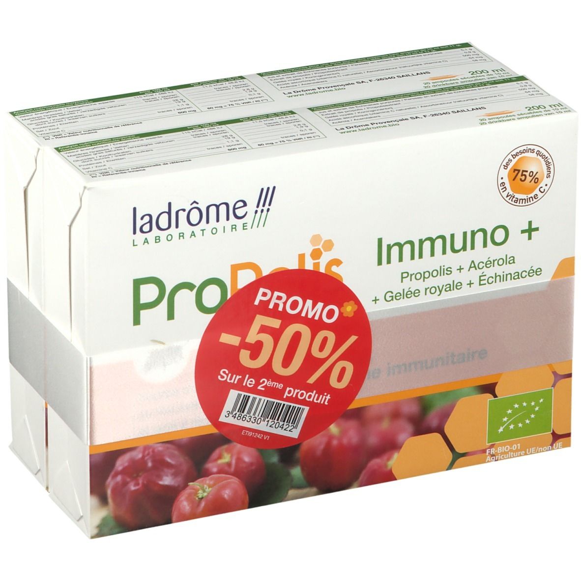 Productverpakking met opdruk. Opschrift: Propolis Immuno +. Promo sticker -50%.
