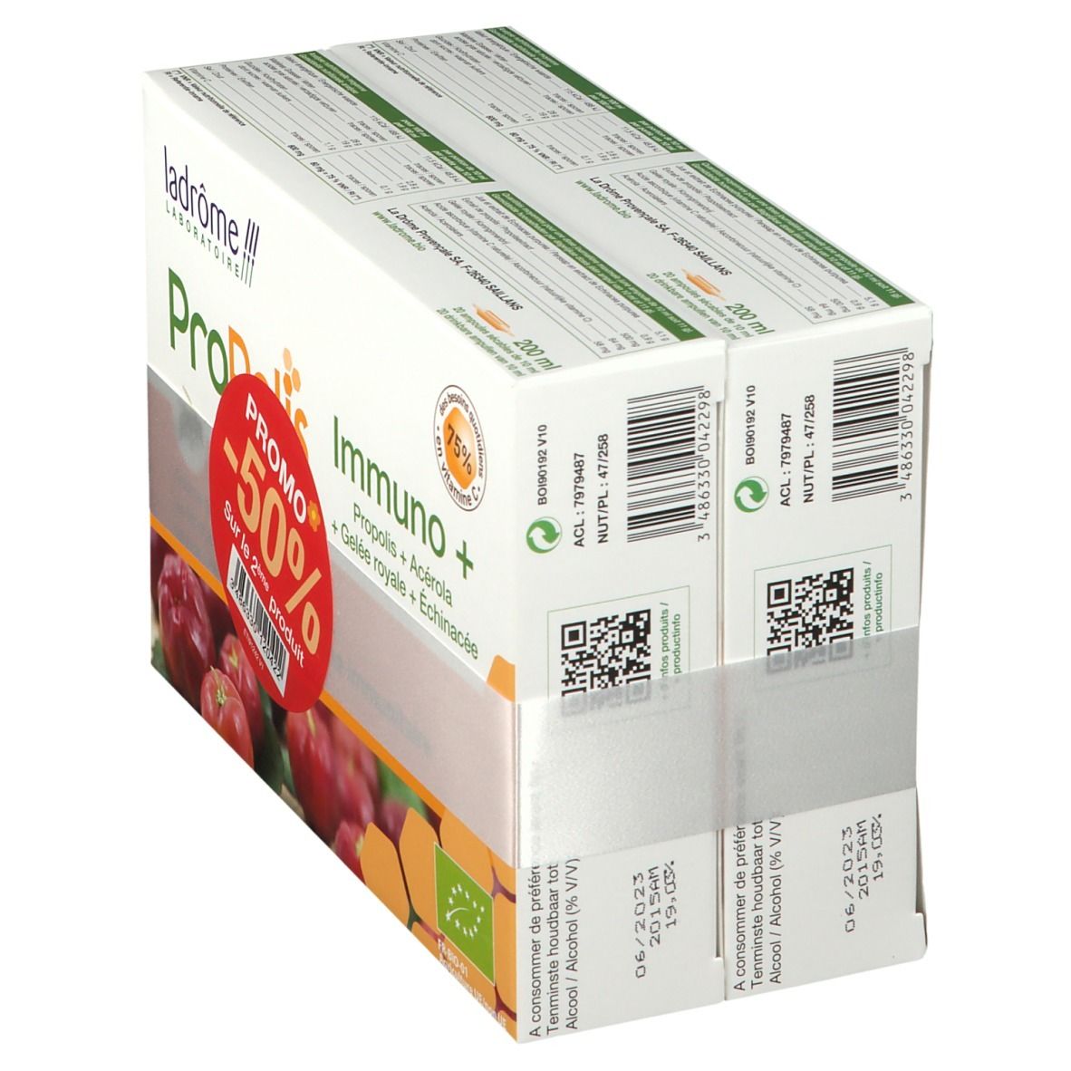 Productverpakking met opdruk. Opschrift: Propolis Immuno +. Promo sticker -50%.