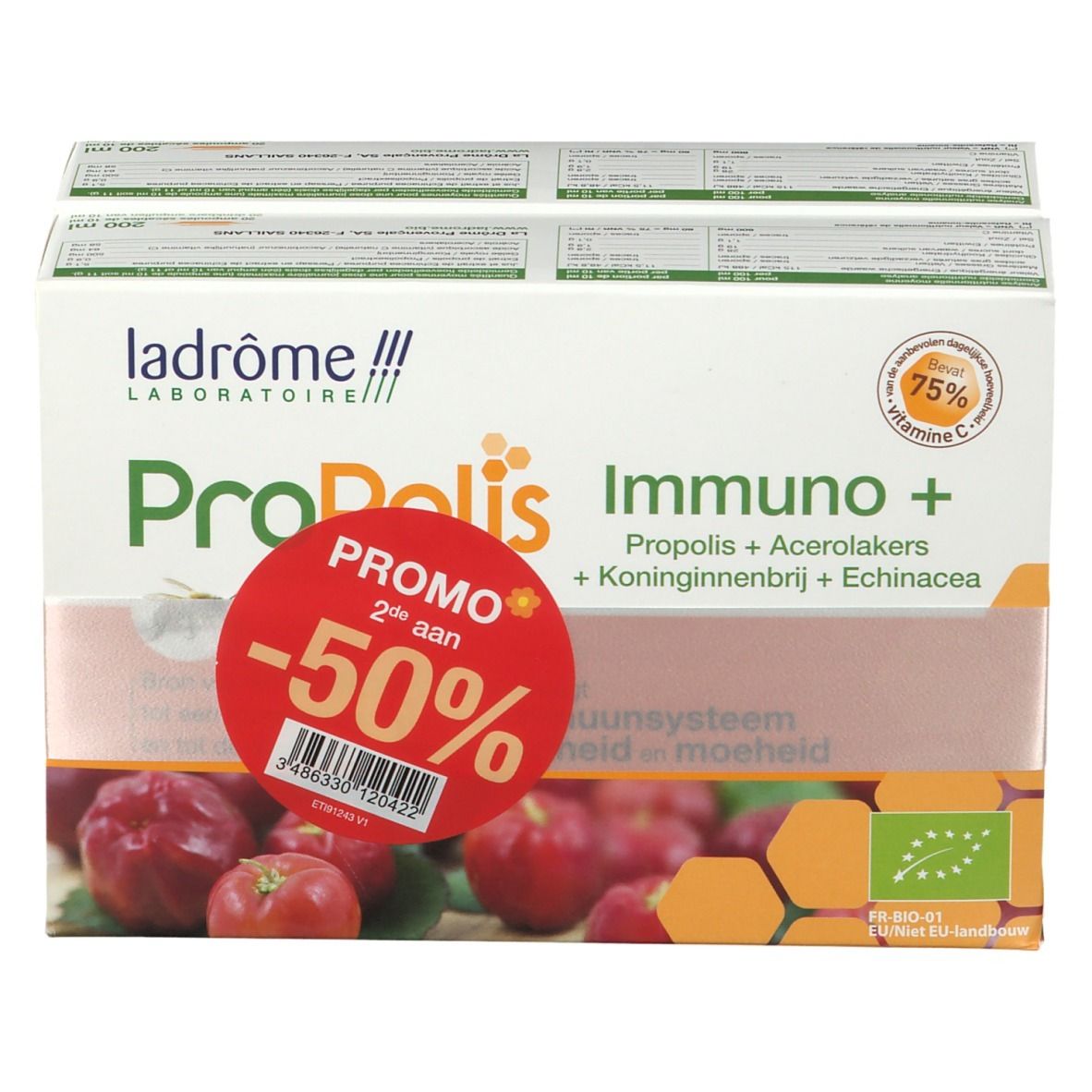 Productverpakking met opdruk. Opschrift: Propolis Immuno +. Promo sticker -50%.