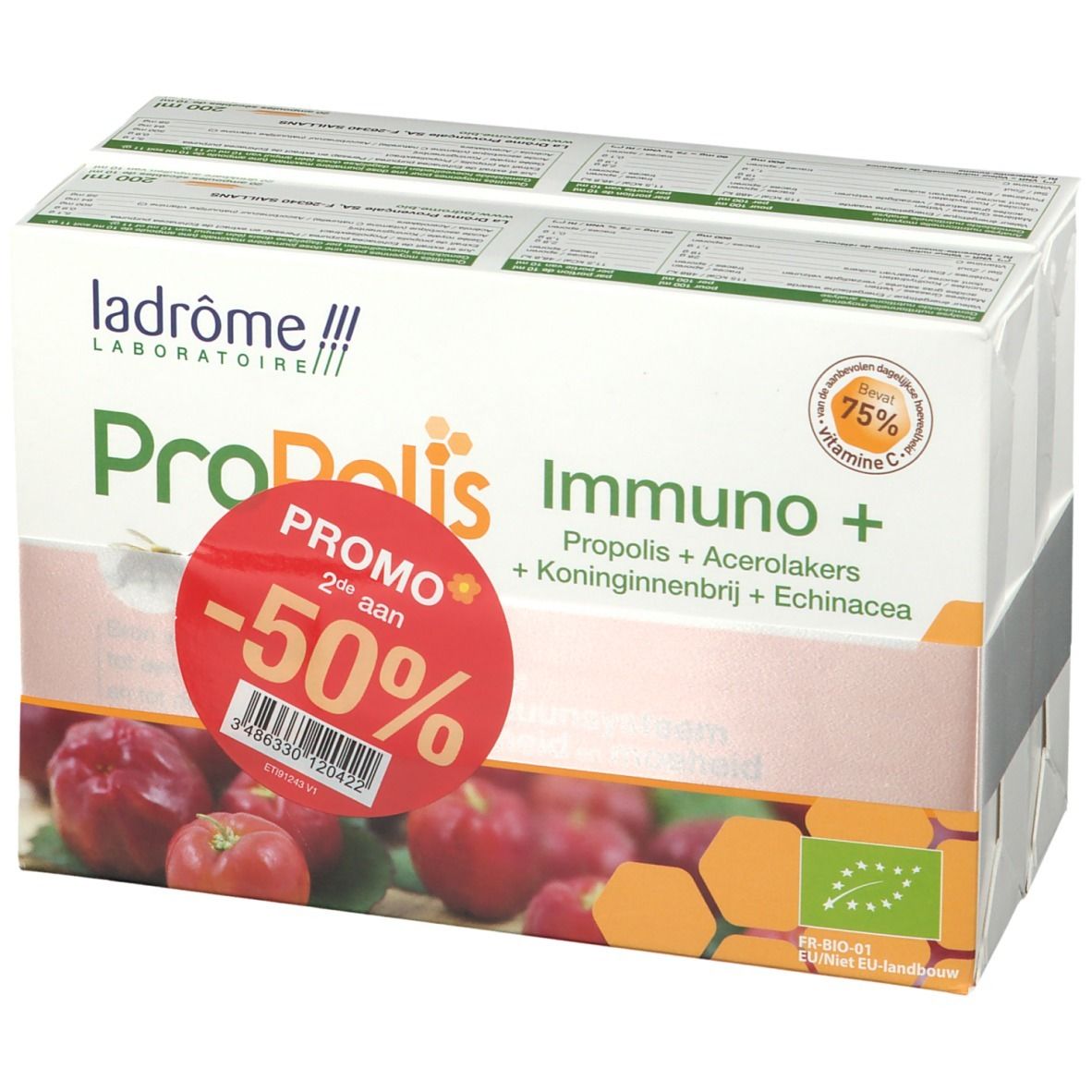 Productverpakking met opdruk. Opschrift: Propolis Immuno +. Promo sticker -50%.
