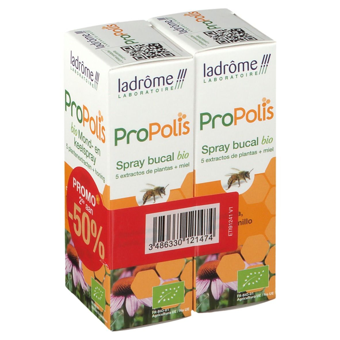 Twee verpakkingen Propolis Spray buccal bio. Opschrift: Promo -50%. Bio-certificering. Plantenextracten en honing.