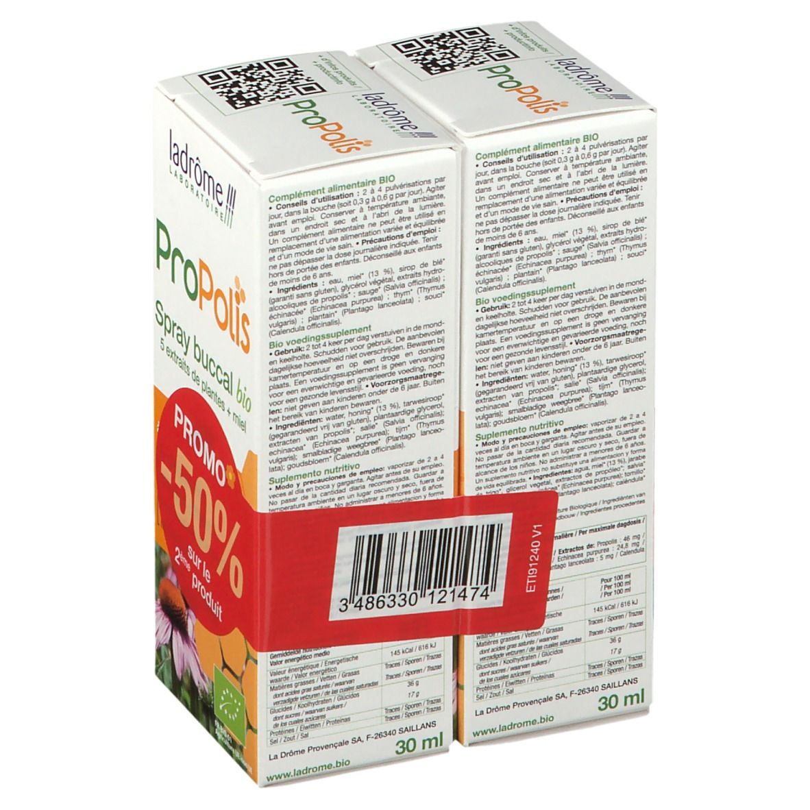 Twee verpakkingen Propolis Spray buccal bio. Opschrift: Promo -50%. Bio-certificering. Plantenextracten en honing.