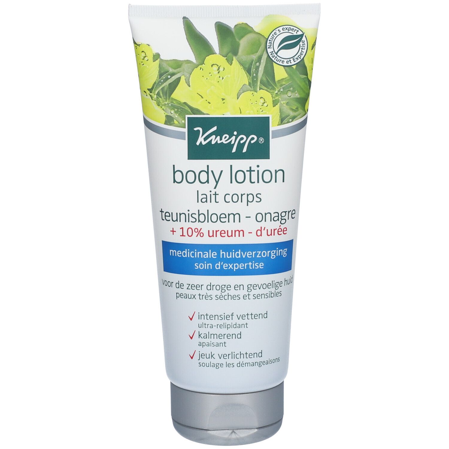 Kneipp Bodylotion Nachtkerze tube. Witte tube met groene planten en gele bloemen. Tekst: Body Lotion, Teunisbloem-Onagre.