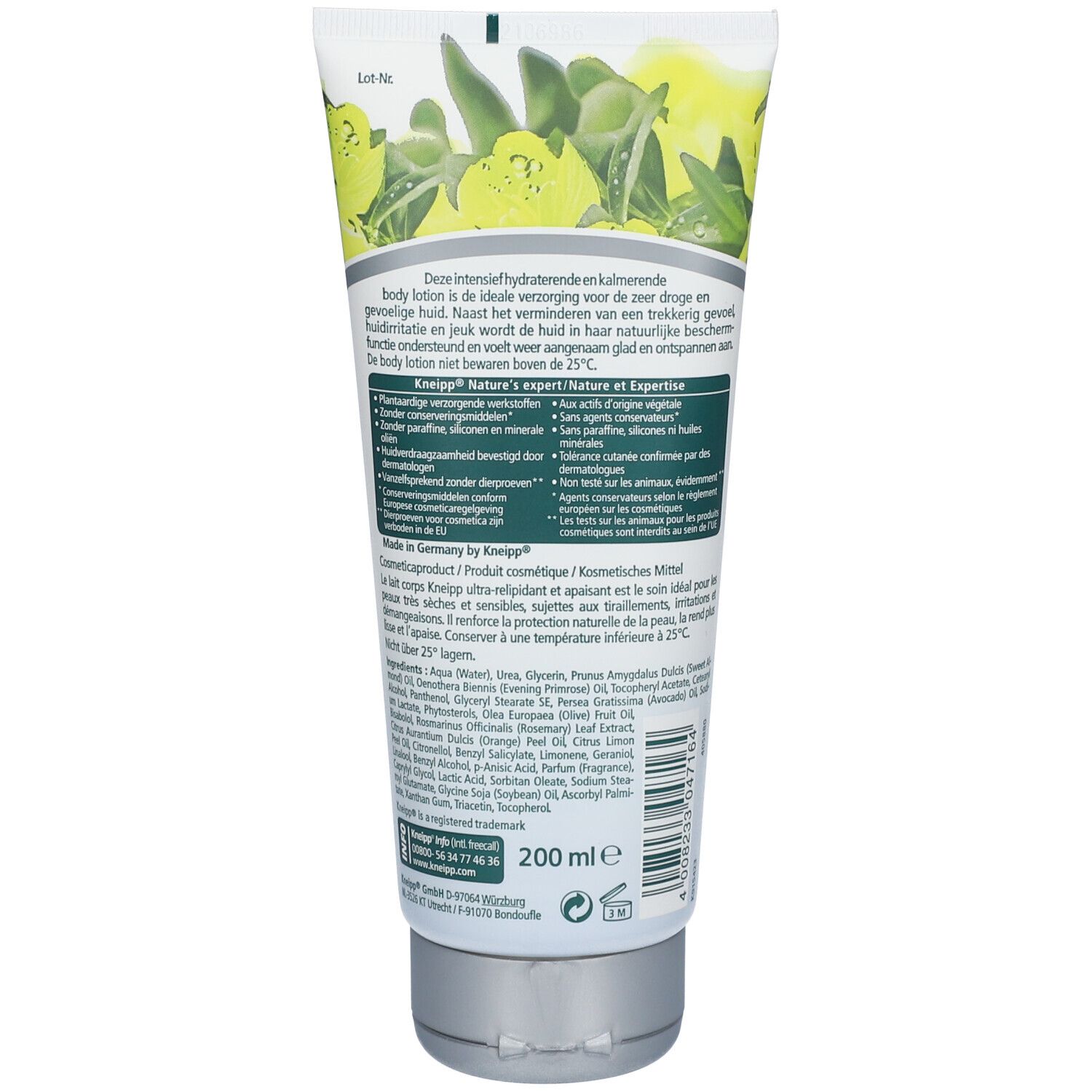 Achterkant van de Kneipp Bodylotion Nachtkerze tube. Tekst en ingrediënten. 200 ml. Gemaakt in Duitsland.