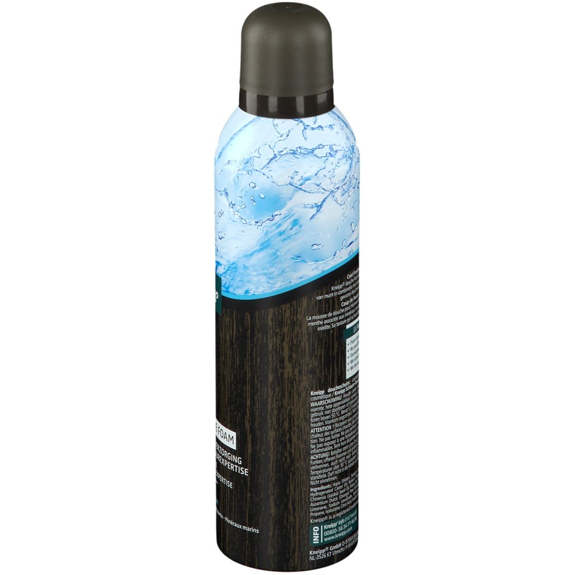 Kneipp Cool Freshness douche foam. Cilindrische fles, zwarte dop. Achterkant met tekst en waterdesign. Bruine houtlook.