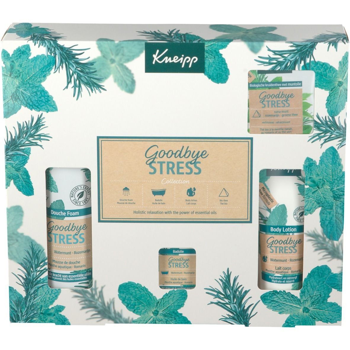 Kneipp cadeauverpakking. Bevat douche foam, bad, bodylotion. Verpakking met bloemmotieven en productnamen.