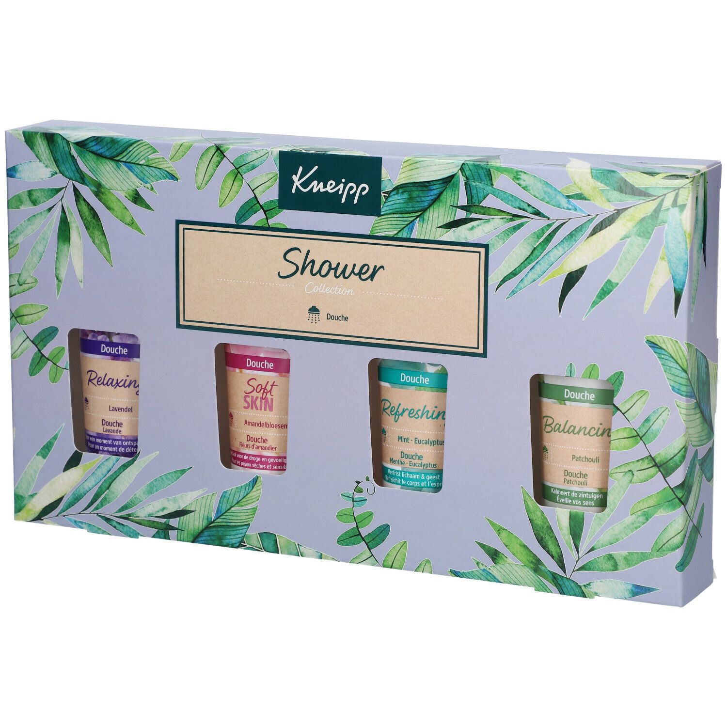 Kneipp Shower cadeauverpakking met vier douchegels. Verpakking met bladerenpatroon en Kneipp-logo. Elke douchegel heeft een andere kleur en tekst.