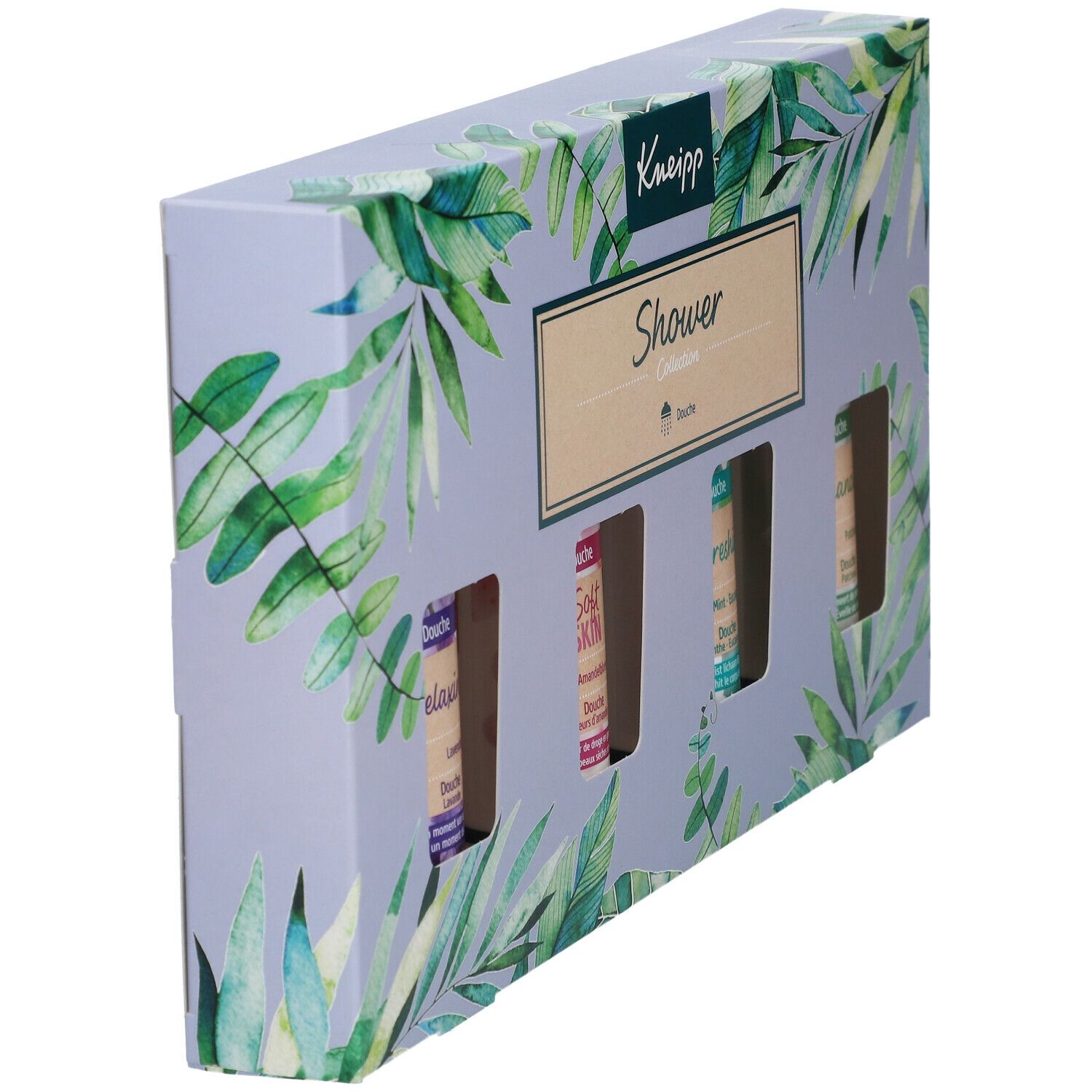 Kneipp Shower cadeauverpakking met vier douchegels. Verpakking met bladerenpatroon en Kneipp-logo. Zijaanzicht van de verpakking.