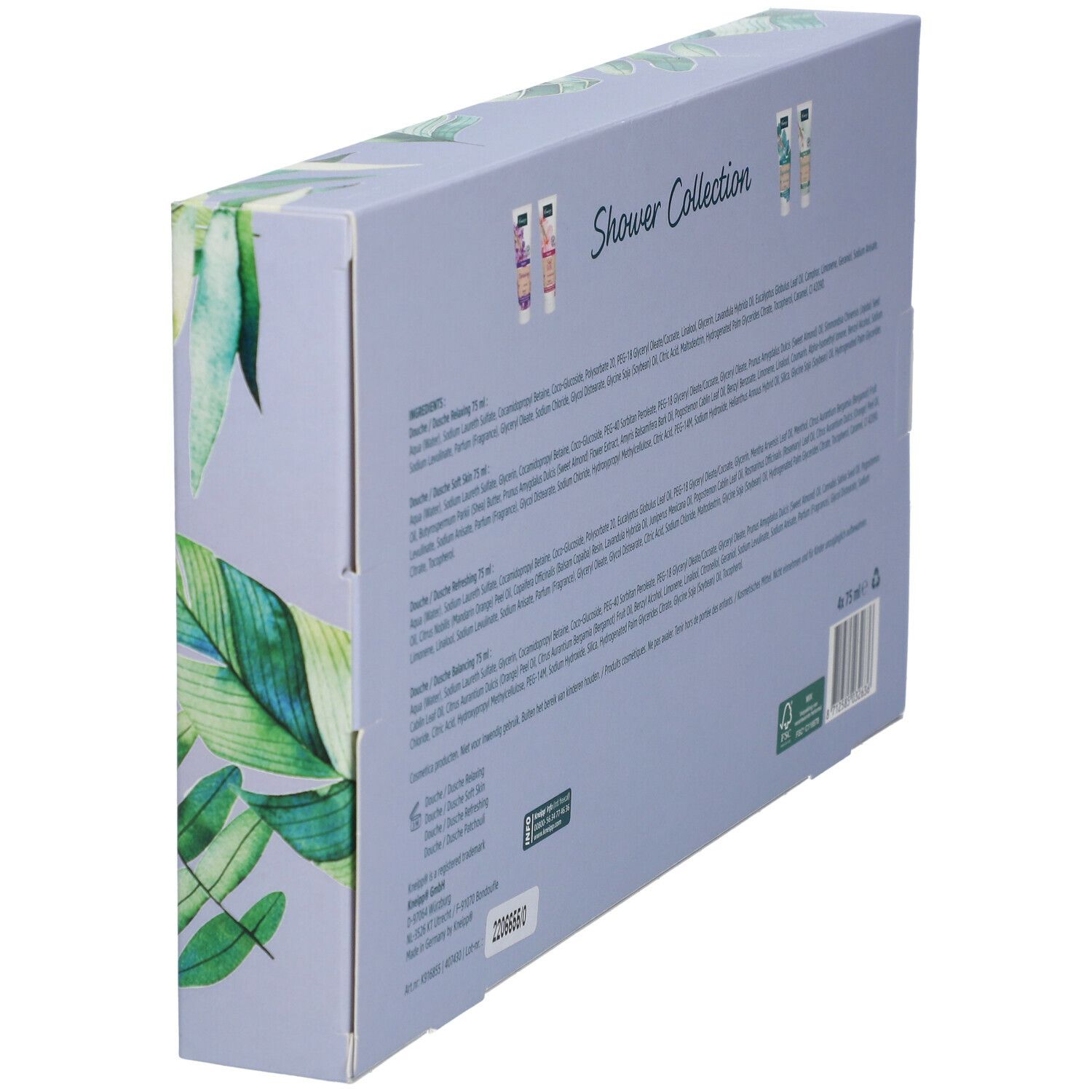 Zijaanzicht van de cadeauverpakking met productinformatie, ingrediënten en logo's. Bevat 4 x 75 ml.