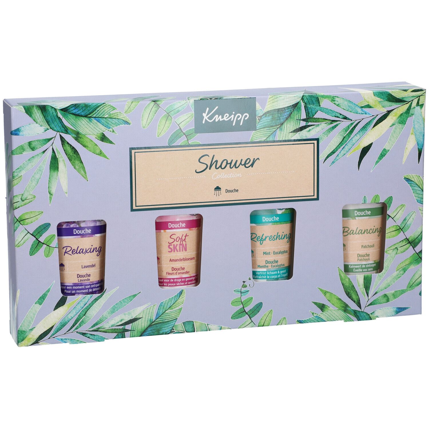 Kneipp Shower cadeauverpakking met vier douchegels. Verpakking met bladerenpatroon en Kneipp-logo. Elke douchegel heeft een andere kleur en tekst.