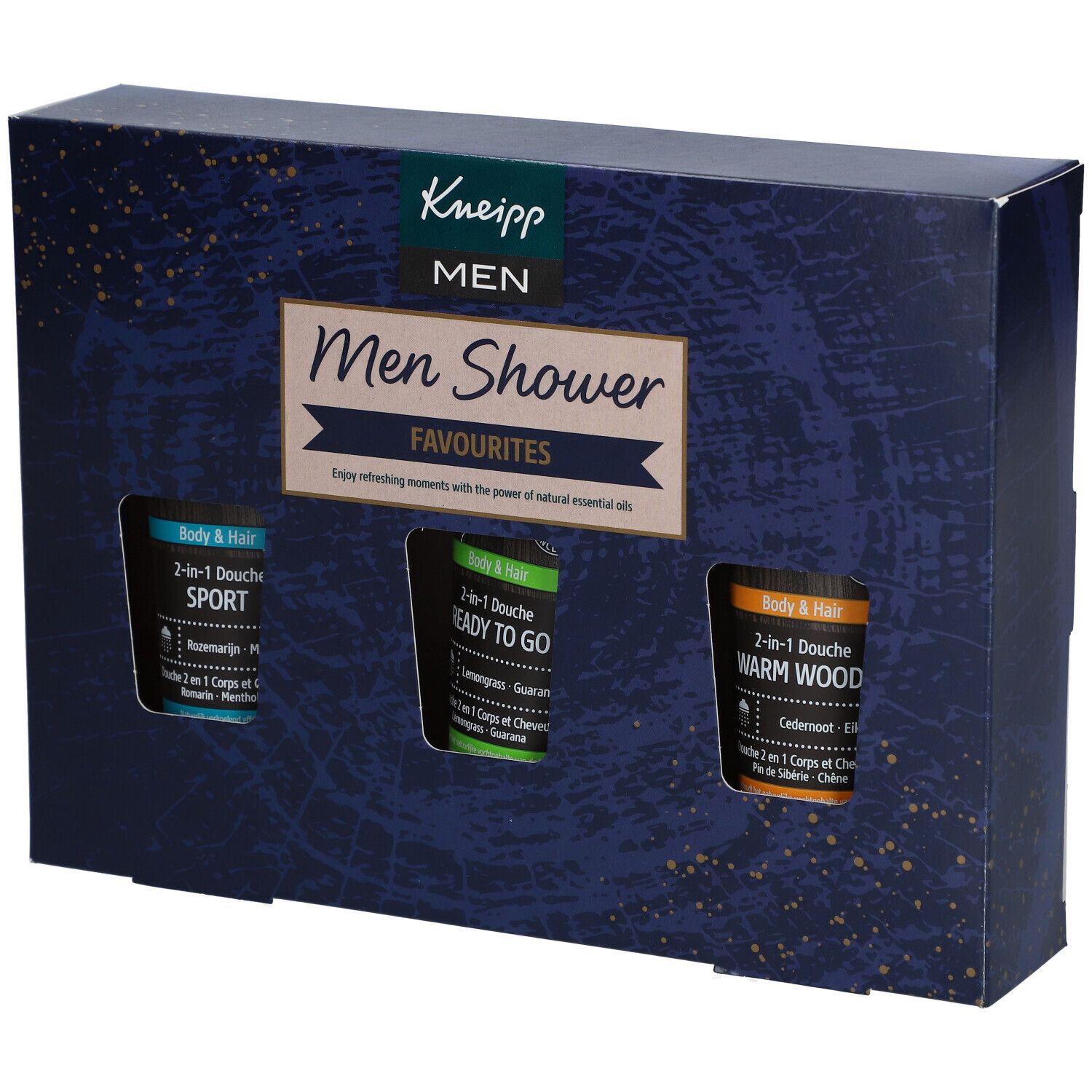Kneipp Men Shower cadeauverpakking. Blauwe verpakking met logo en productnaam. Zichtbare douchegels in groen, blauw en oranje.