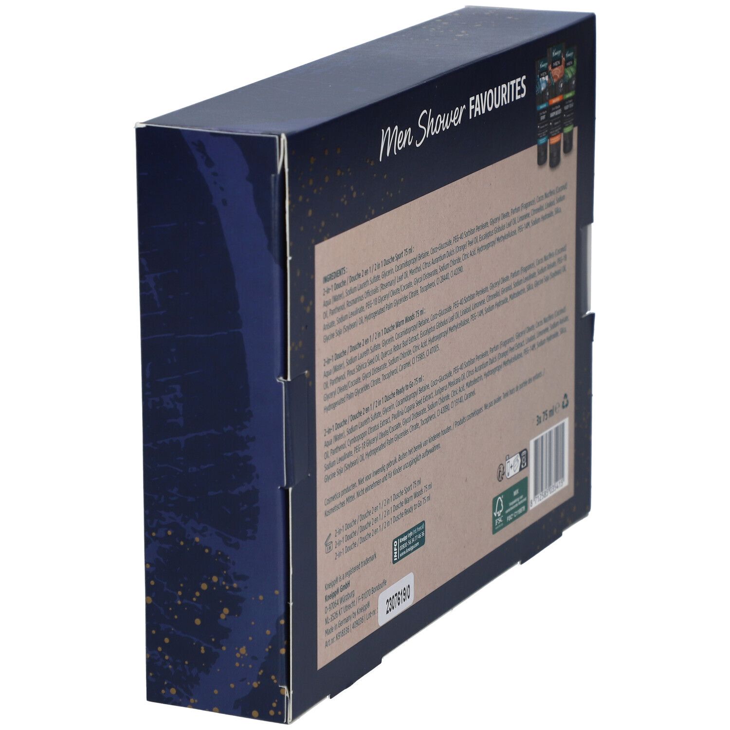 Cadeauverpakking in schuine weergave. Blauwe verpakking met productnaam en logo. Achterkant met tekst en FSC-certificering.