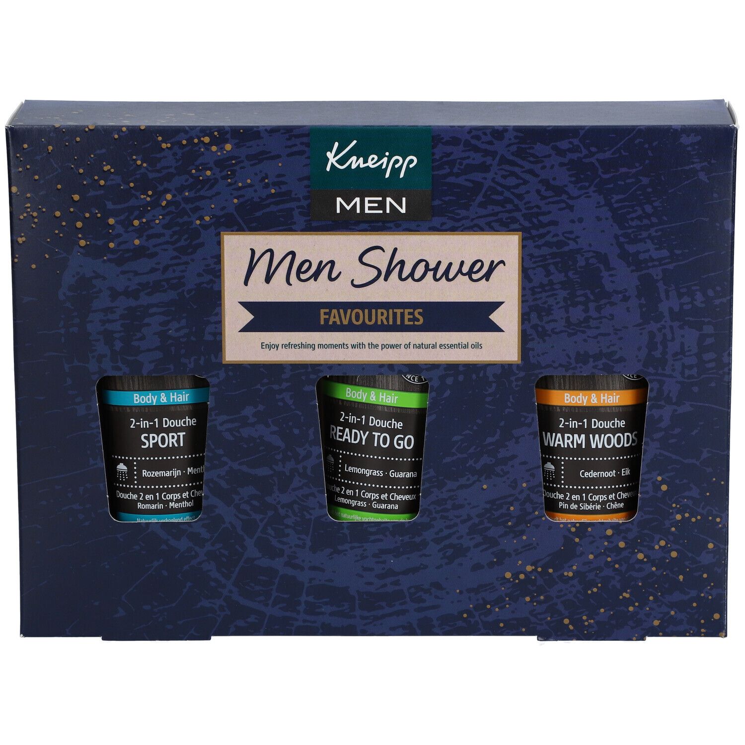 Cadeauverpakking met drie douchegels. Blauwe verpakking met Kneipp-logo en productnaam. Douchegels in groen, blauw en oranje.